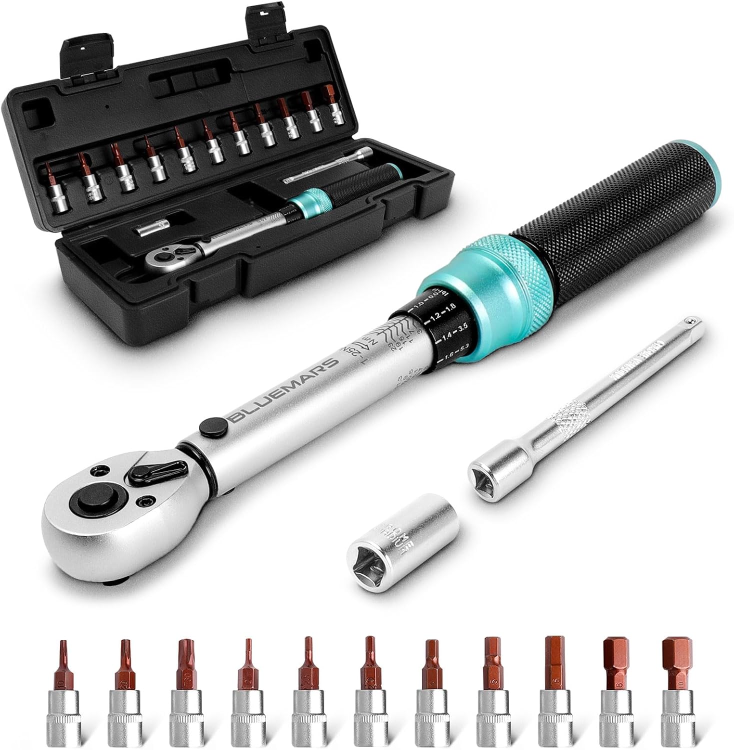 BLUEMARS Bicycle Motorcycle 1/4 Inch Torque Wrench Set 1-25 Nm, Drive Click Torque Wrench Set with Dual Direction Adjustable 72 Tooth for Road and Mountain Bike and Motorcycle Maintenance