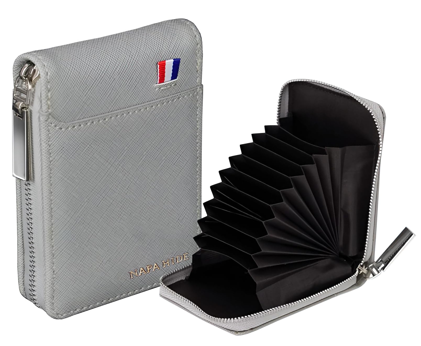 napa hide Slim Zipper Card Holder Wallet for Men & Women | RFID Blocking Accordion Credit Card Case | Compact Cash & Card Organizer with Smooth Metal Zip (L.Grey SAF)-picture-11