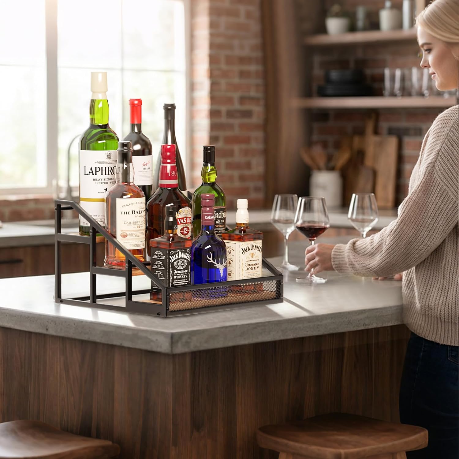 B4Life 3-Tier Liquor Bottle Display Shelf, Countertop Liquor Wine Rack, Bottle Storage Organizer for Whiskey and Spirits, Retro Bar Shelves and Shelf Stand, Mini Liquor Cabinet