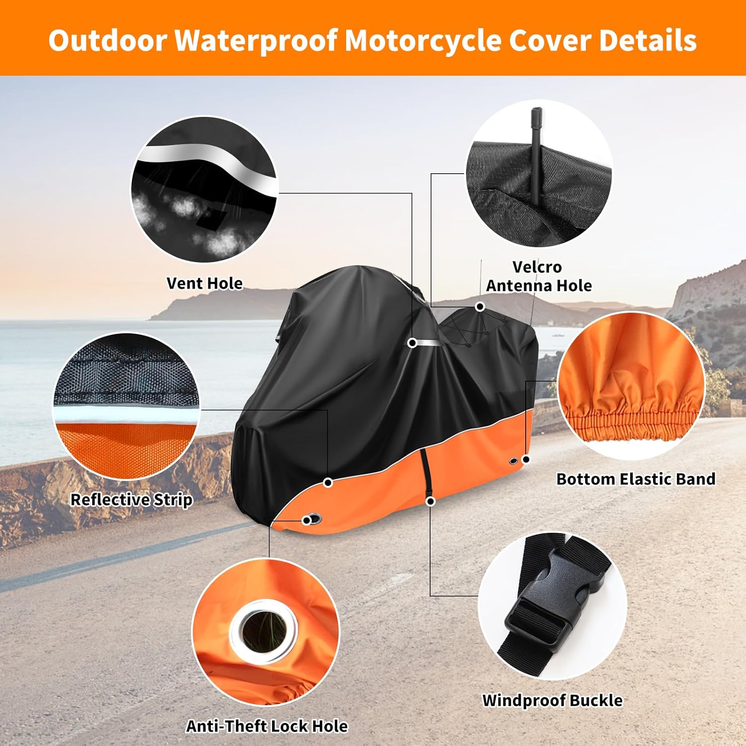 Motorcycle Cover, 110 Inch with Side+Top Box Touring Models Specific Vehicle Cover Storage Suitable for Harley-Davidson Ultra Limited, Road Glide Limited, Gold Wing, Road Master Orange