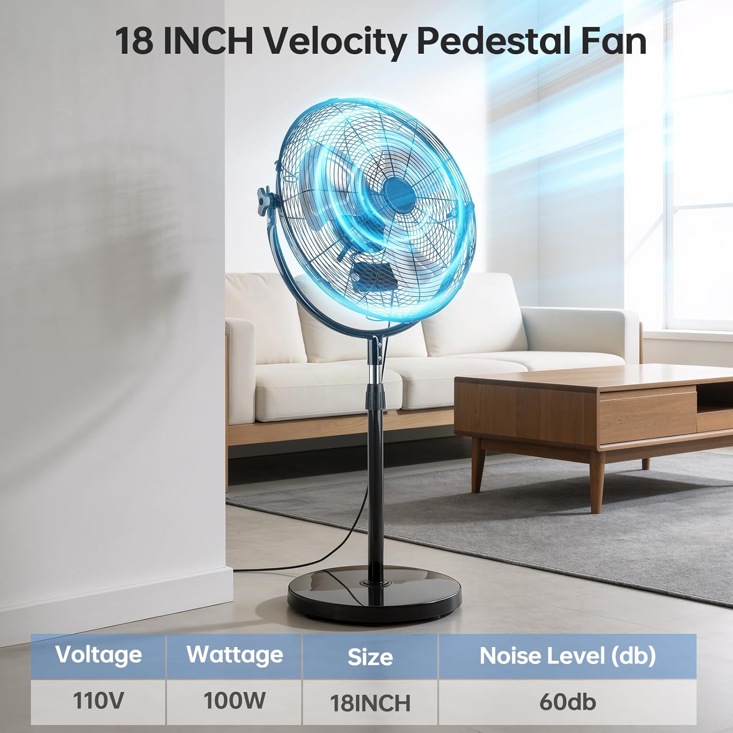 18 Inch High Velocity Pedestal Fan, Heavy Duty Industrial Standing Fan with 3-Speed & Adjustable Height (47.1"-55.1"), Metal Fan for Bedroom, Patio, Workshop & Indoor Air Circulation