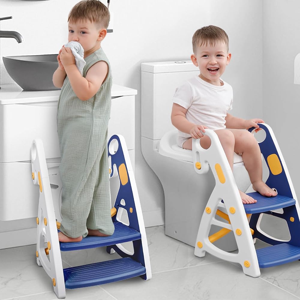 Primlect Potty Training Seat, 2-in-1 Toddler Toilet Seat with Step Stool, Ultra-Stable Potty Chair Attachment, Adjustable Seat and Step Ladder, Non-Slip Design, Splash Guard for Boys and Girls(Blue)