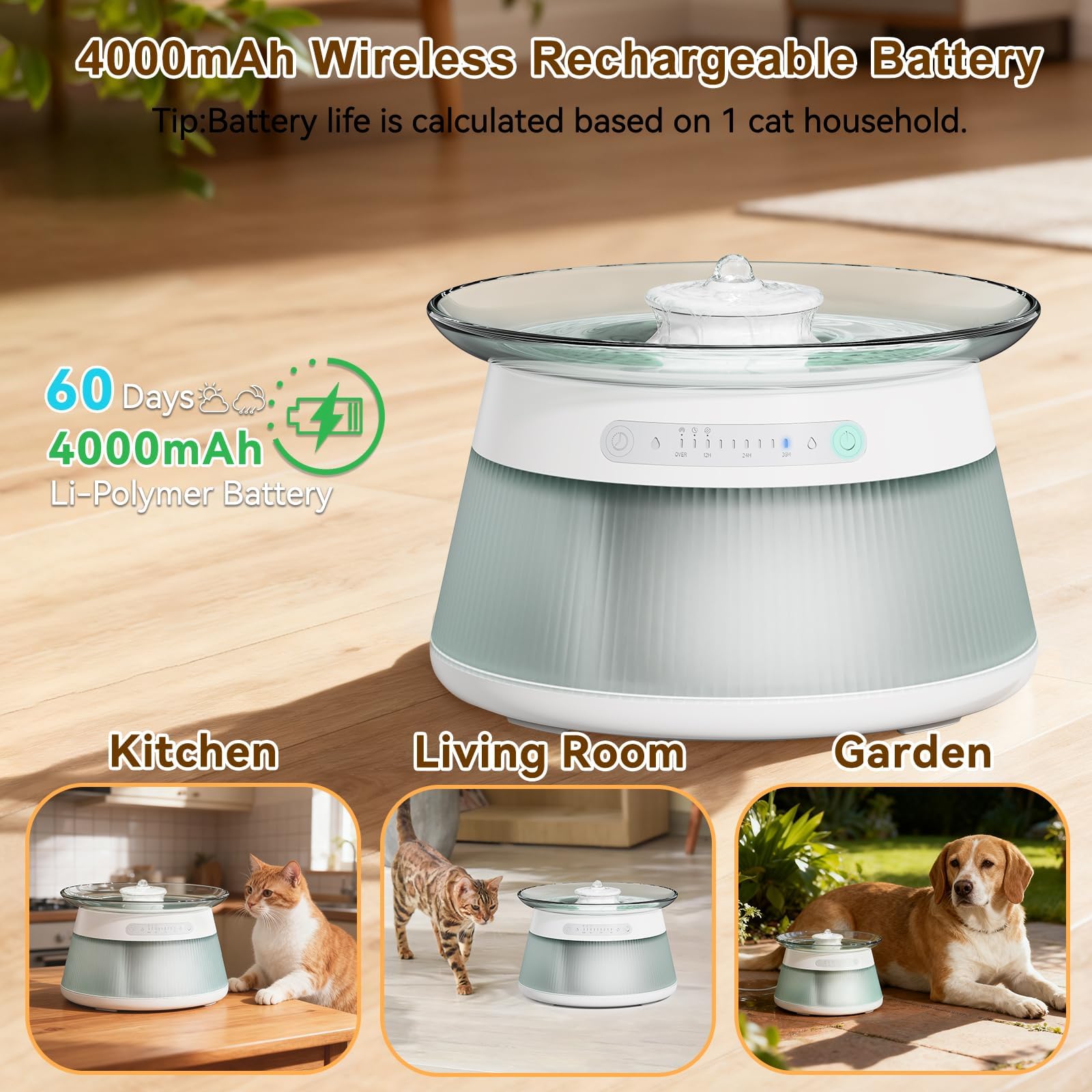 Fuente de agua inteligente de vidrio para mascotas, fuente de agua potable para gatos, sin filtro, fuente de agua para mascotas sin filtro que funciona con pilas