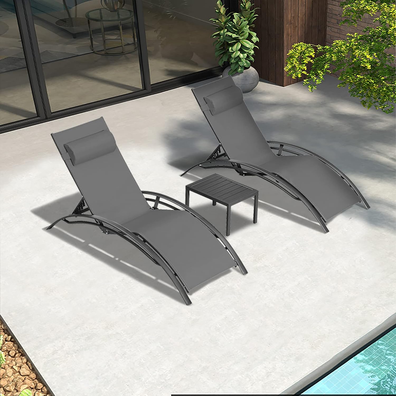 PURPLE LEAF Patio Chaise Lounge Set of 3 Outdoor Lounge Chair Beach Pool Sunbathing Lawn Lounger Recliner Chiar Outside Tanning Chairs with Arm for All Weather, Side Table Included, Grey