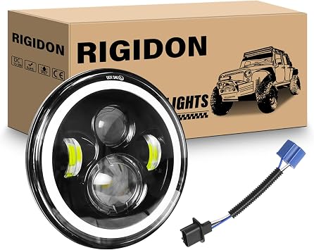 RIGIDON 1PCS 7 Inch Round LED Headlight, 4 LED Motorcycle Headlight White DRL High/Low Beam Amber Halo Turn Signal Angle Eyes Light for Wrangler JK TJ LJ CJ Motorcycle Davidson