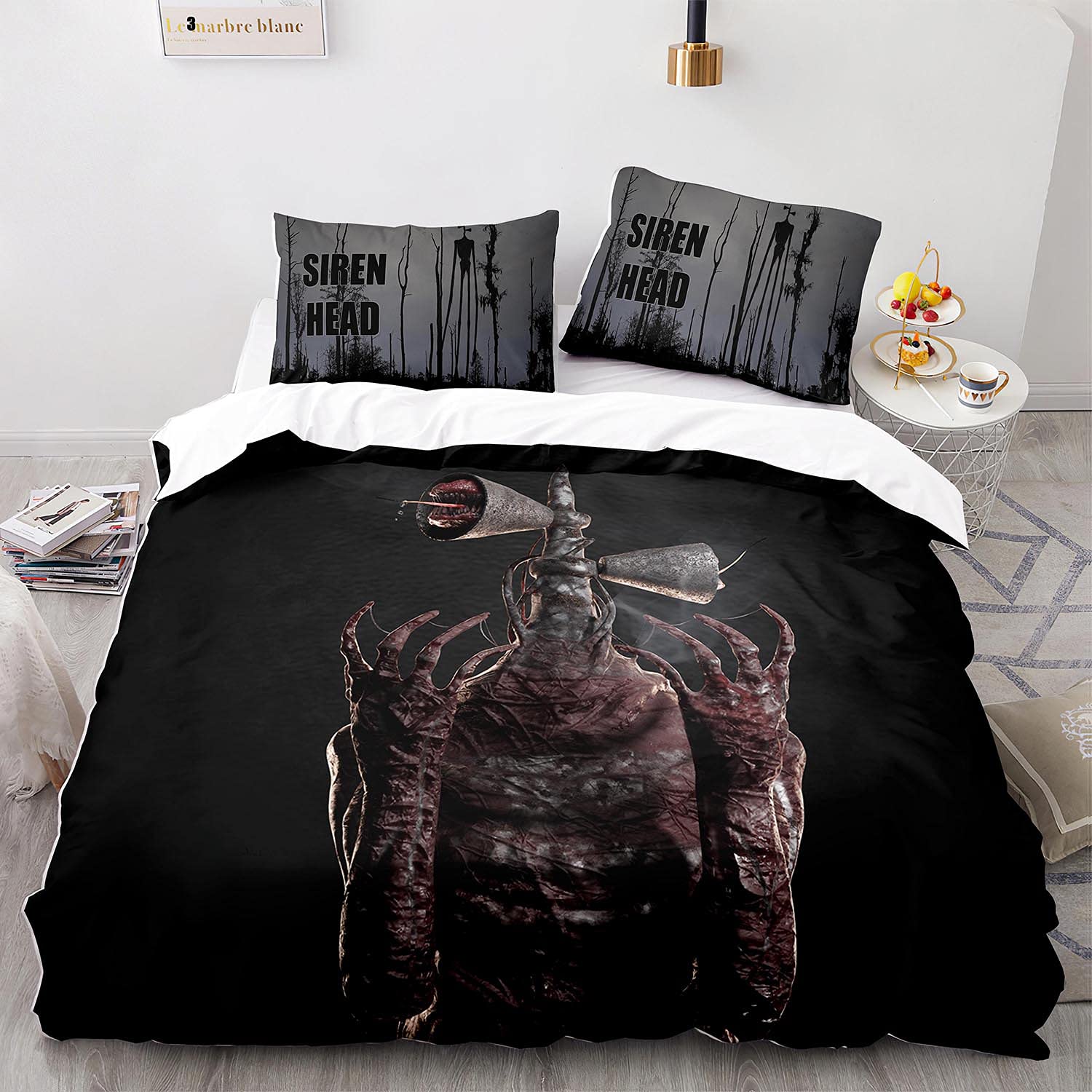 NICHIYOBI Siren Head Duvet Cover Bedding Set - Duvet Cover and Pillowcase, Microfibre, 3D Digital Print Three-Piece Bedding (3, Single 135 x 200 cm)