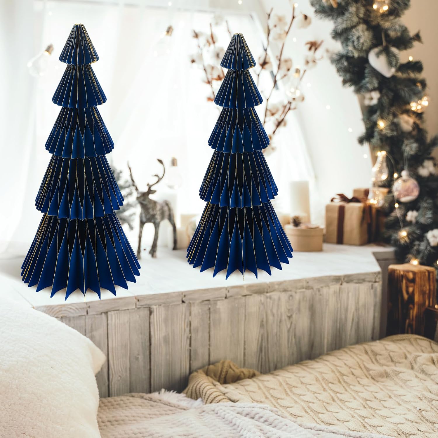 Motipuns 2 Pcs 20 Inch Large Paper Christmas Trees Decorations 3D Blue Honeycomb Neutral Christmas Trees Glitter Edge Magnetic Folding Xmas Paper Crafts for Xmas Home Mantel Holiday Party Decorations | Magnetic Folding for Easy Setup, Glitter Gold Edge Adds Sparkle, Fits Mantel Table Centerpiece, Reusable Xmas Party Decor
