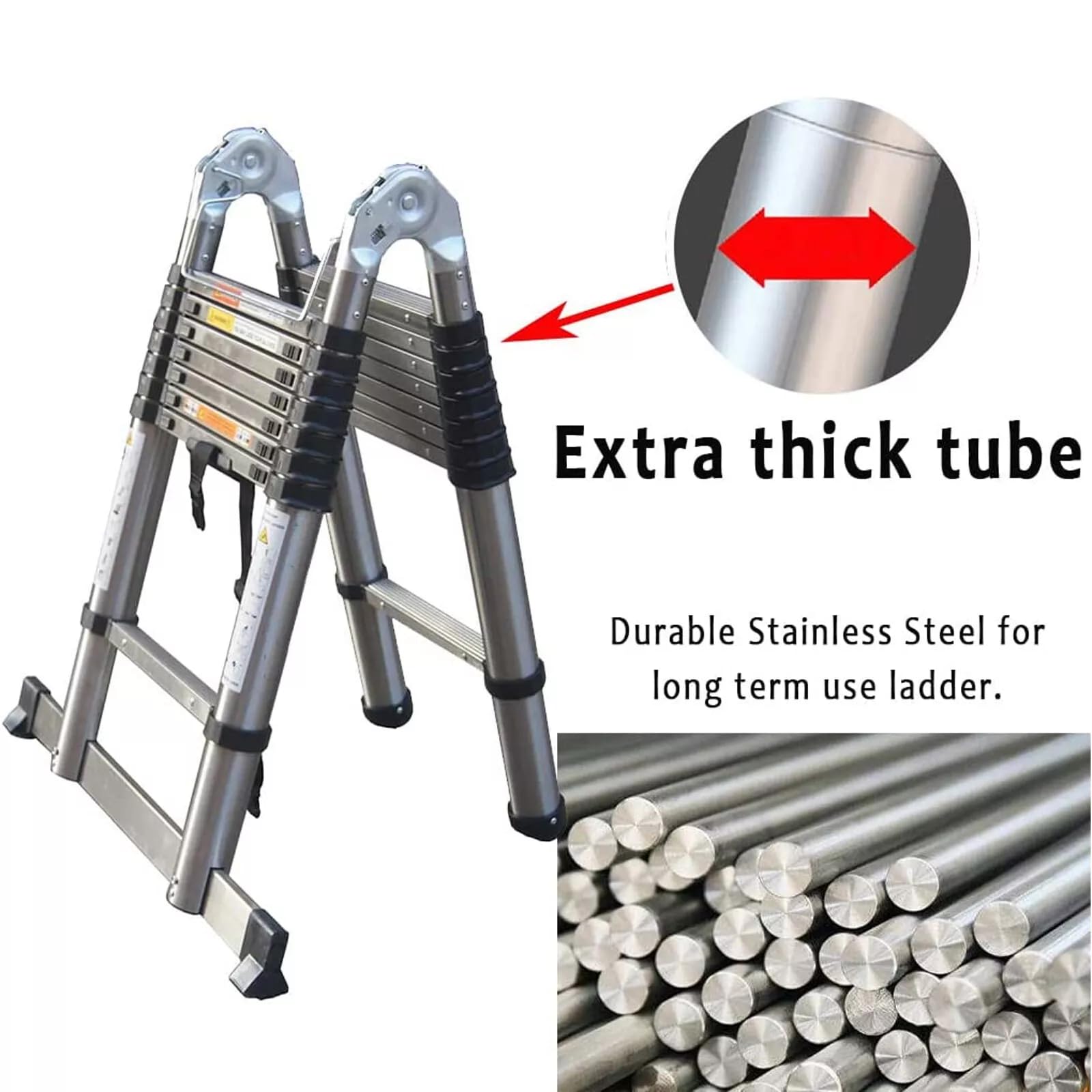 Escalera telescópica de 5 m de grosor, extensible, plegable, con marco en A, antideslizante, con barra estabilizadora, de acero inoxidable (2,5 m + 2,5 m), más fuerte que otras
