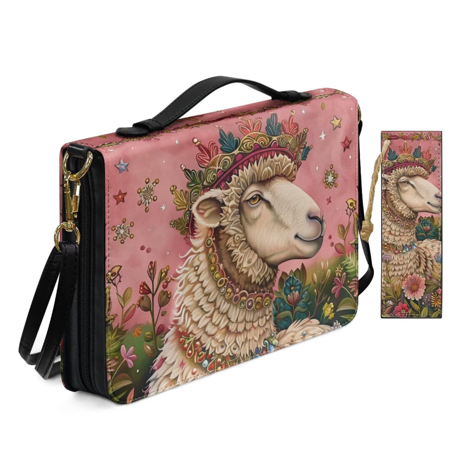 Allcute Women Pu Leather Bible Cover Bag with Shoulder Strap Whimsical Floral Sheep Bible Case for Women with Bookmark Church Religious Book Covers with Handle Pockets Pink
