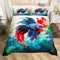 Vista 10 de Betta Fish - Juego de funda de edredón de peces tropicales, acuarela, animales marinos, algas marinas, coral submarino, vida marina (sin relleno)