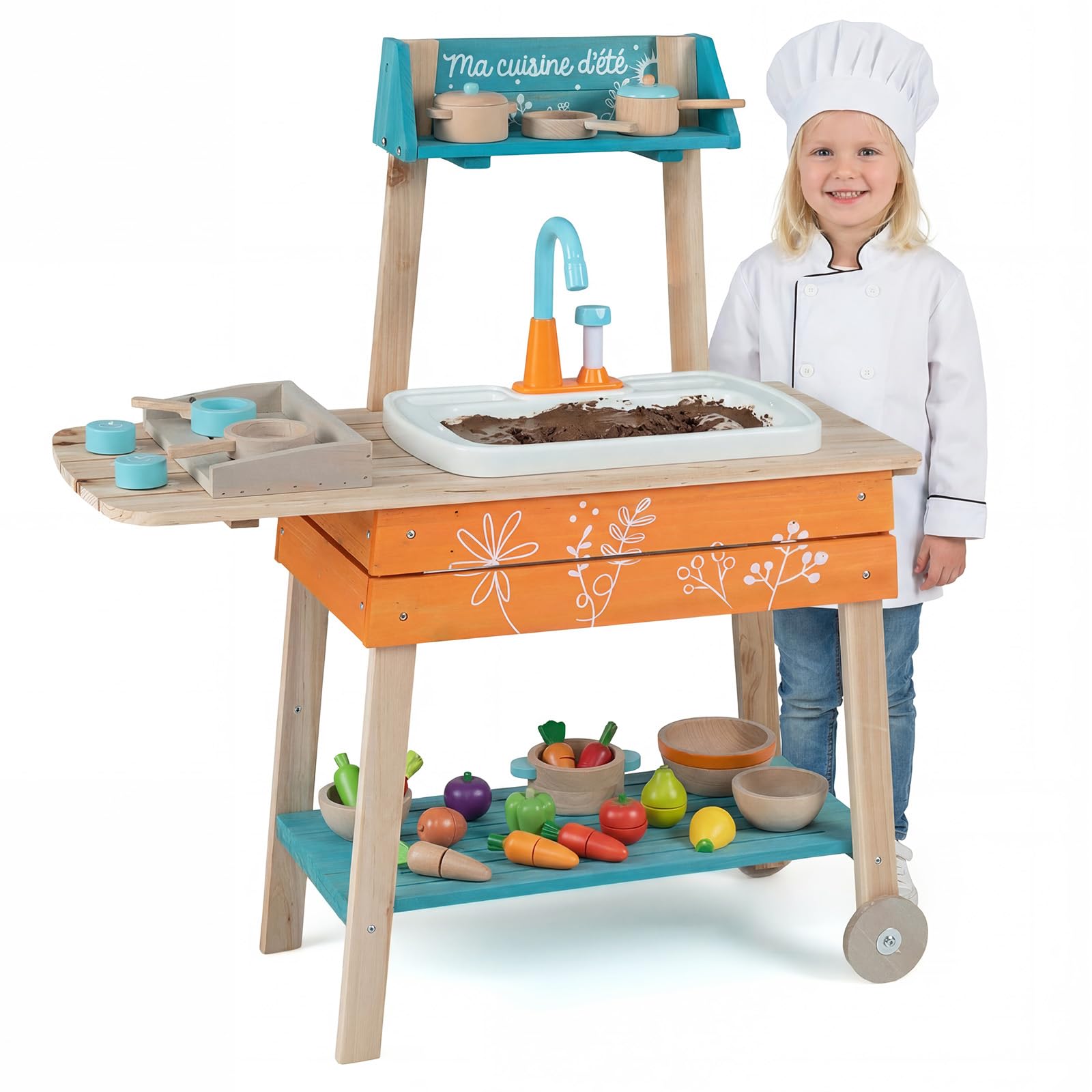 COSTWAY Mud Kitchen, Outdoor Kids Play Kitchen with Removable Sink, Grill Rack, Rotation Knobs, Circulation Faucet & Accessories, Wooden Chef Pretend Kitchen Playset for Boys Girls Ages 3+