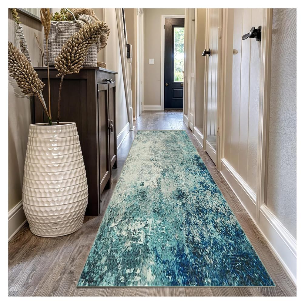 Teppichläufer rutschfest Läufer Flur 60x200cm Bettvorleger Küchenteppich Abstrakt Cyan Grau Waschbar Meterware Schlafzimmer Korridor Teppich Lang, Länge Anpassbare, 60-174cm Breit