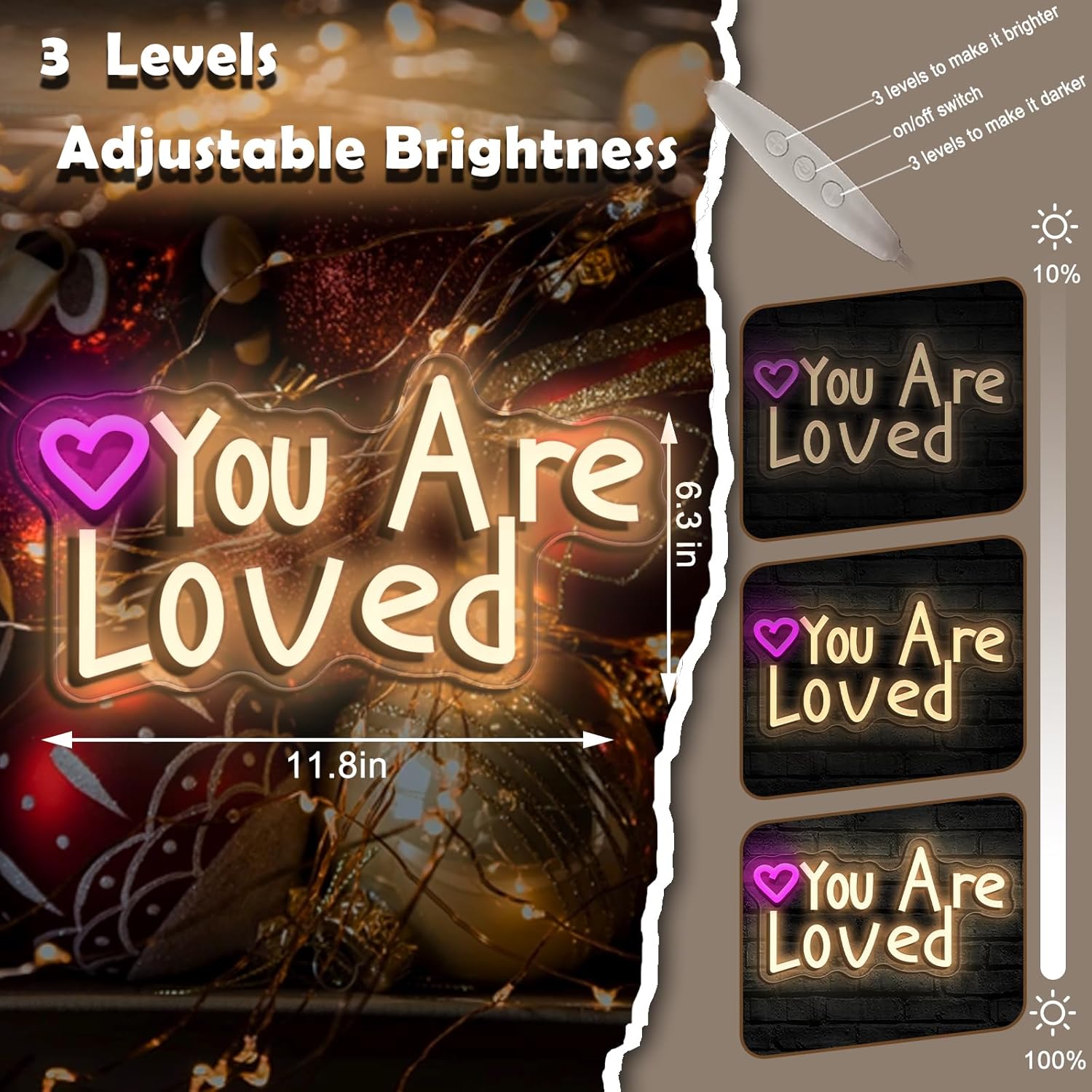 You Are Loved Neon Sign Today for Girl Party Motivational neon signWall Decor, Dimmable, USB Powered, Pink Heart Motivational Gift for Women - Image 4