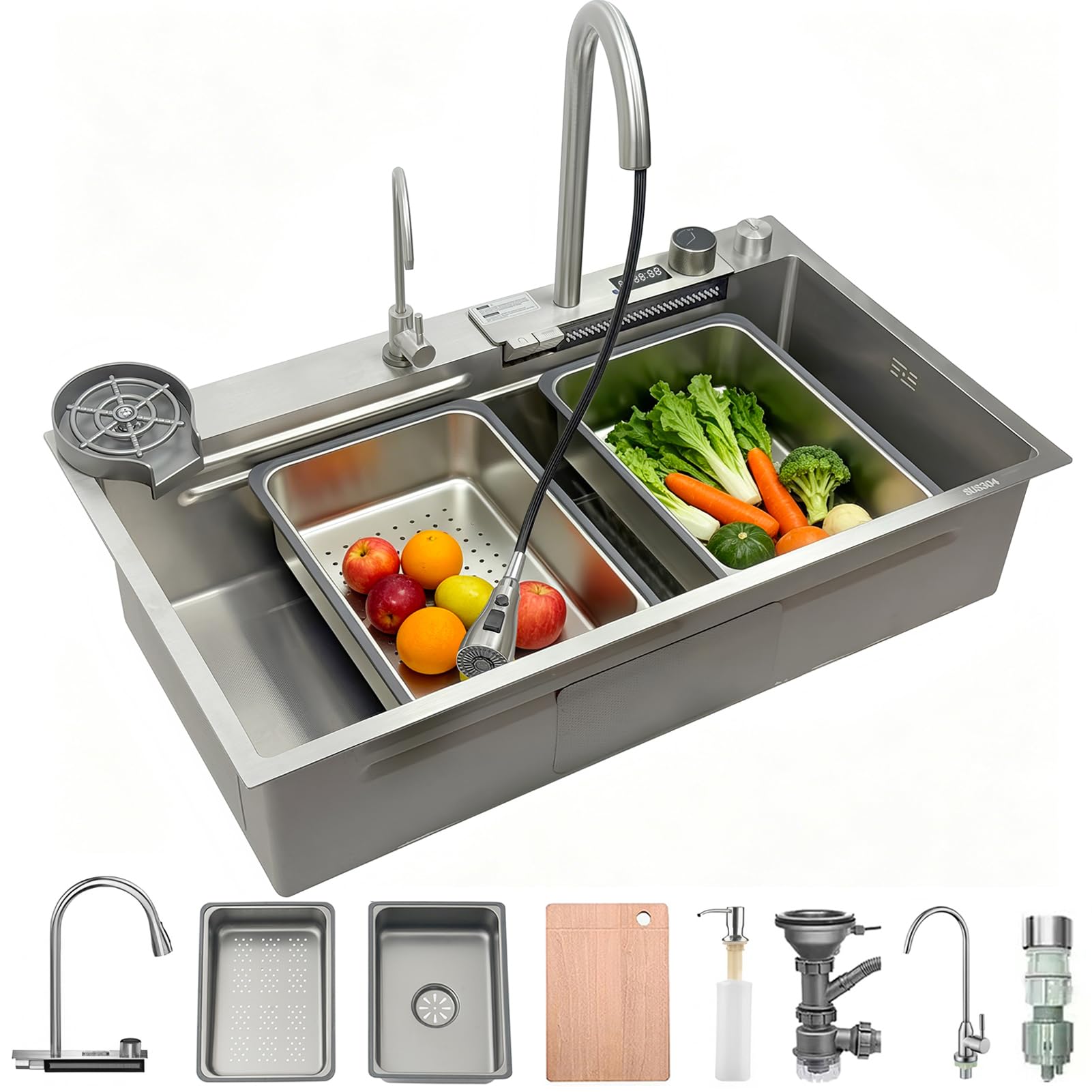 Lavello da cucina a cascata, 90 x 50 cm, in acciaio inox 304 spazzolato, con display digitale, lavello da cucina con cestello di scarico, lavello di scarico, tagliere, sifone, componente di scarico