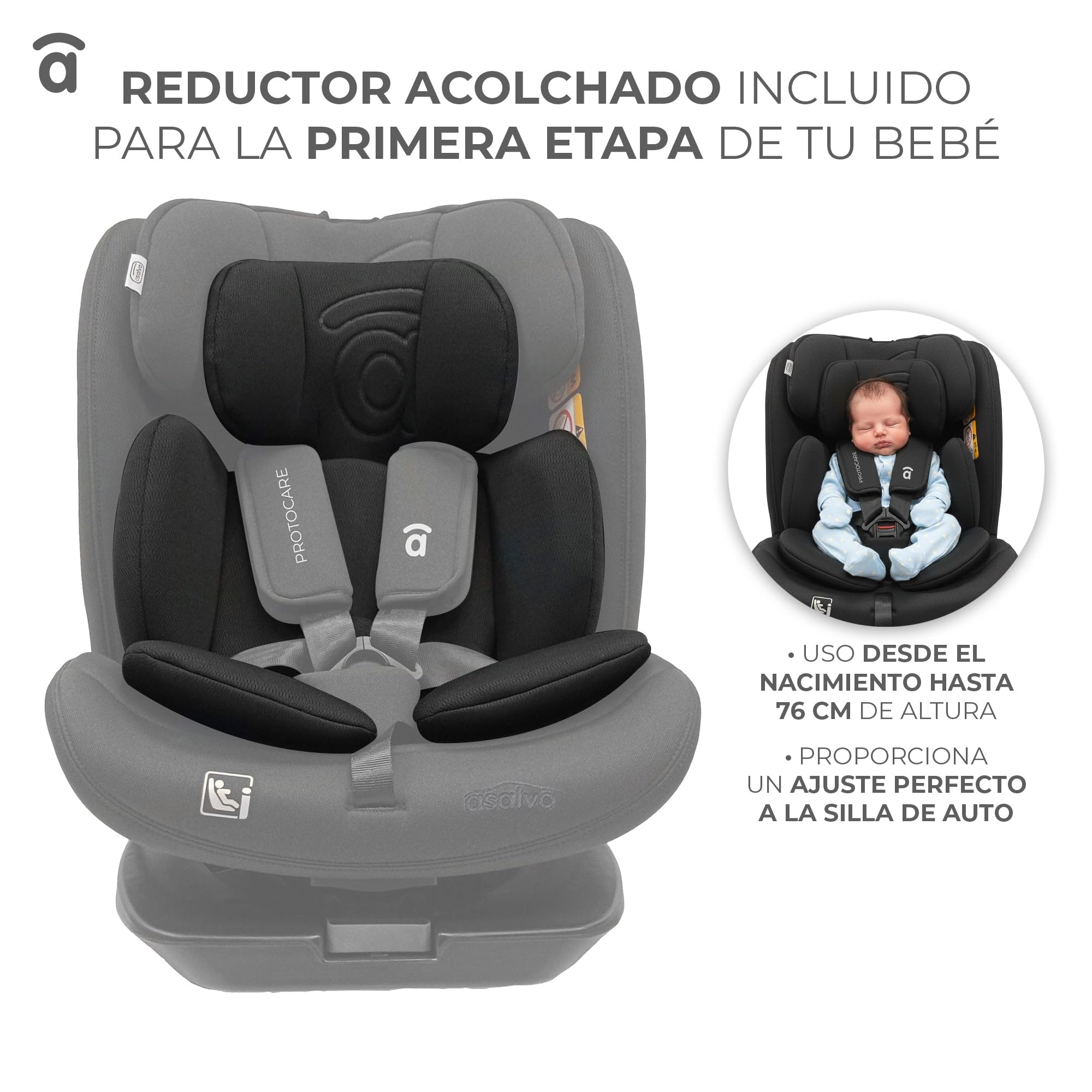 Silla de coche i-Size giratoria 360° con Isofix desde recién nacido hasta 150 cm – Contramarcha hasta 105 cm – Arnés 5 puntos, cojín reductor y funda lavable – Asalvo Protocare Negro