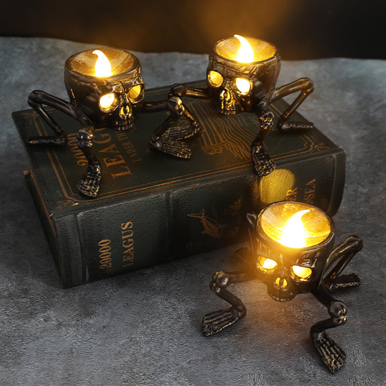 ESSECMBS Halloween Skull Flameless Candle LED Light Up Legged Skeleton Night Lights Flickering Flameless Candles Decoration Indoor (3pcs Black, 8cm*8cm*7.5cm)