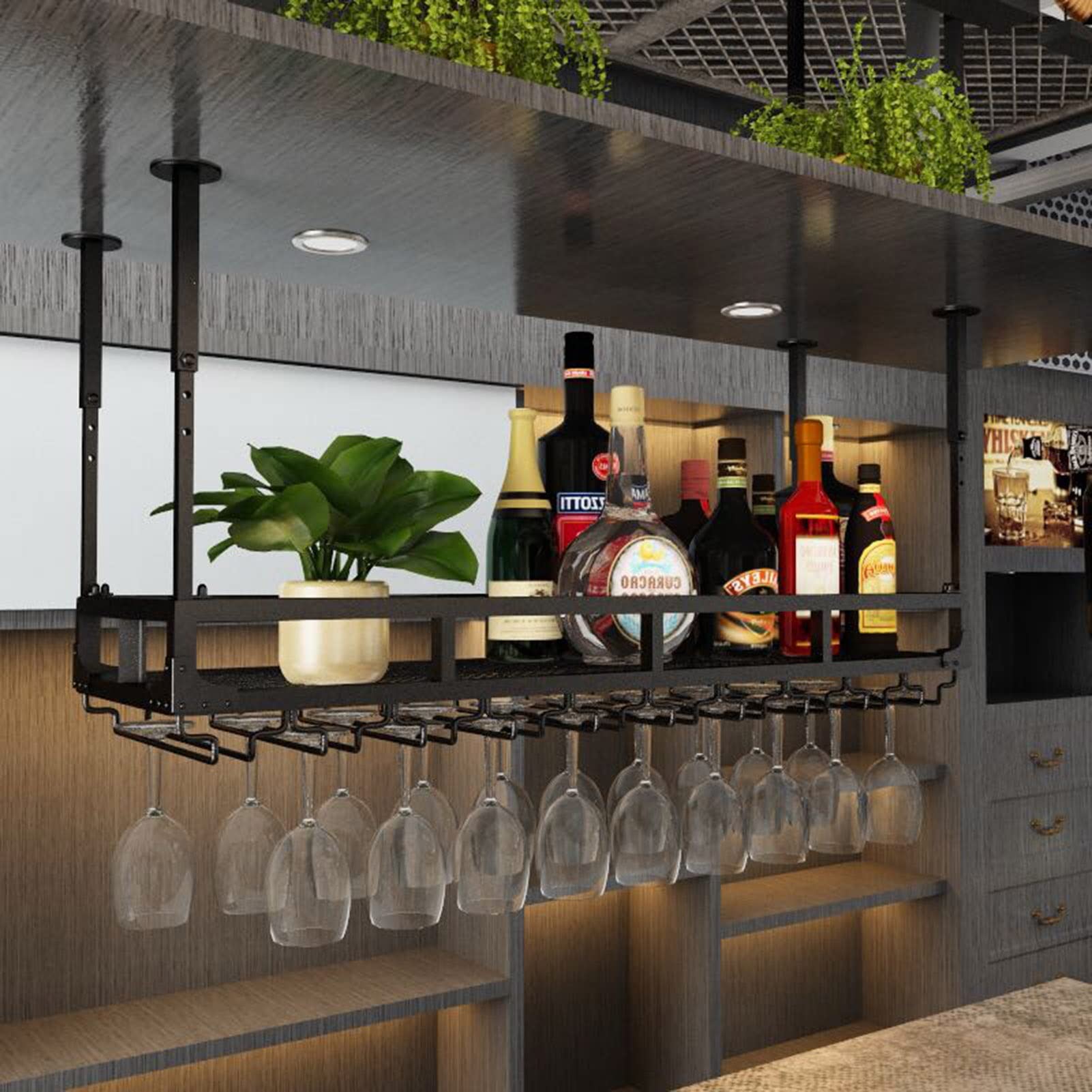 CL-ZZZ Wine Rack Ceiling Wine Bottle Holder Hanging Wine Glass Holder Adjustable Height Industrial Black Champagne Stemware Glasses Storage Shelf | Display Holder for Home Bar (Size : 60cmx35cmx16cm)