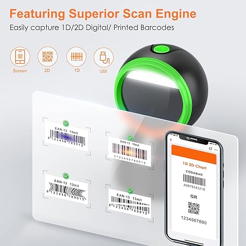 Vista 2 de Escáner de código de barras de escritorio 2D, lector de código de barras USB automático omnidireccional manos libres escaneo de código QR 1D 2D