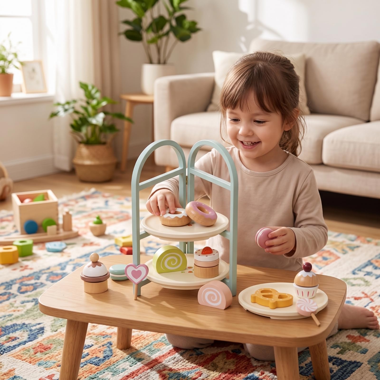 Set da Tè Giocattolo con Dolci in Legno Gioco D'imitazione a Misura di Bambino per Cameretta