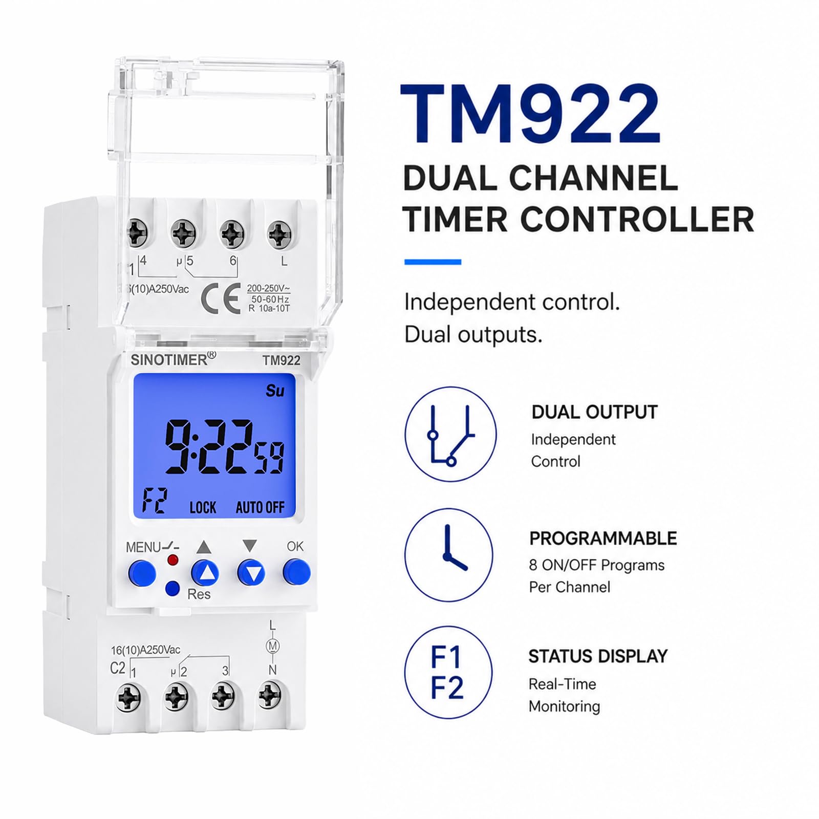 Temporizador programable de 2 canales de alimentación CC/CA de 12 V, pantalla LCD grande, interruptor de tiempo, relé doble, 16 A con retroiluminación azul