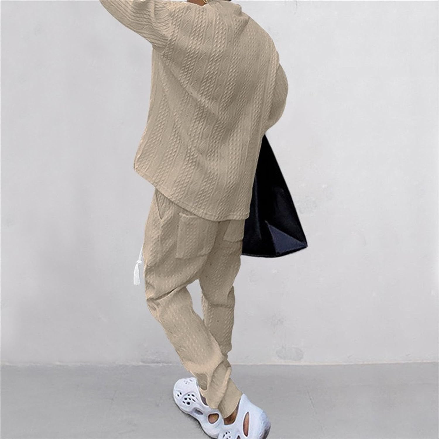 Men's Knit 2 Pieces Tracksuits Long Sleeve V Neck Jacquard Sweat Suits Drawstring Jogging Athletic Suit Sets