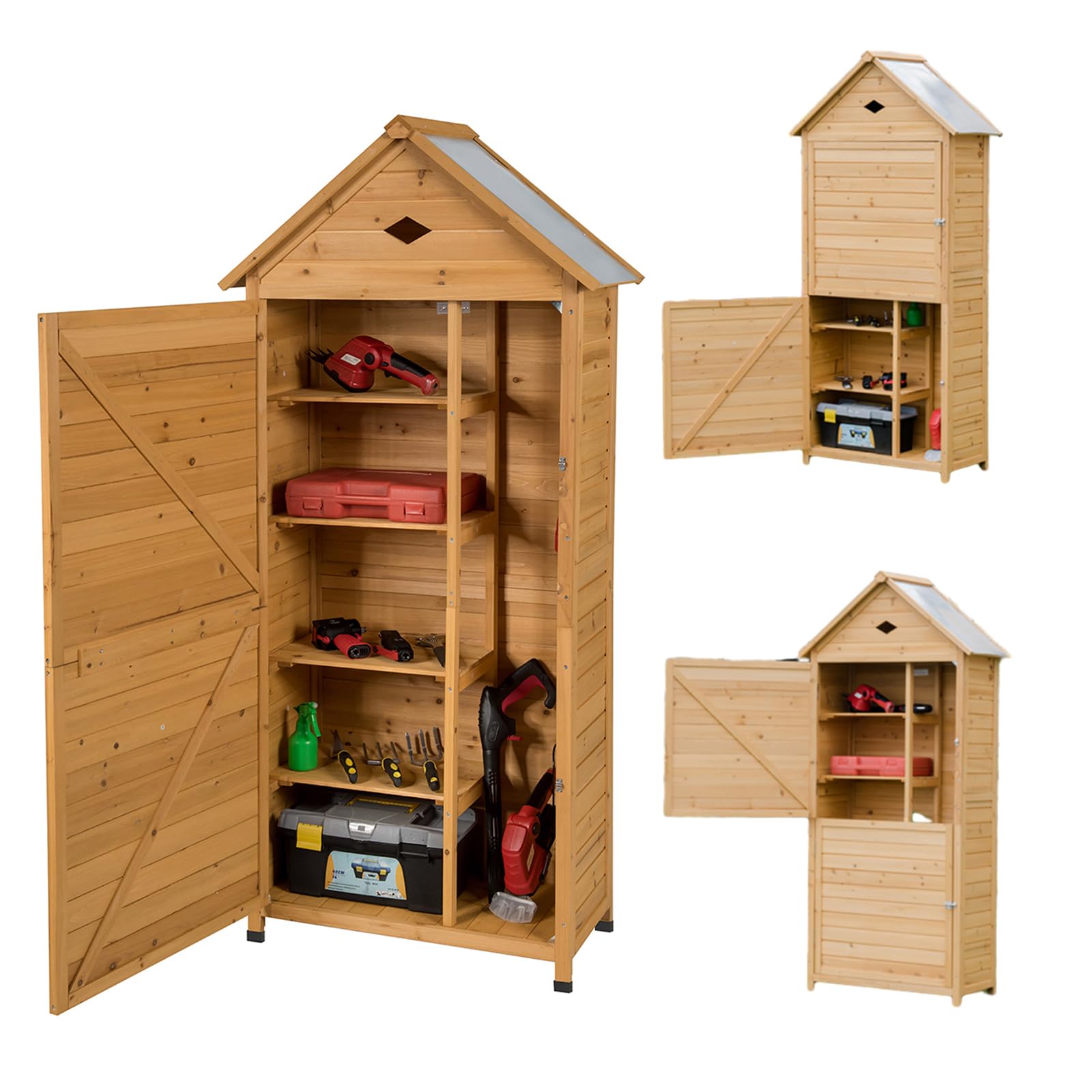 COSTWAY Caseta Jardin Exterior de Madera, Cobertizo Jardin Exterior con 5 Estantes y 2 Puertas con Cerradura, Armario para Herramientas con Techo Impermeable para Jardín Balcón Terraza (80x45x177cm)