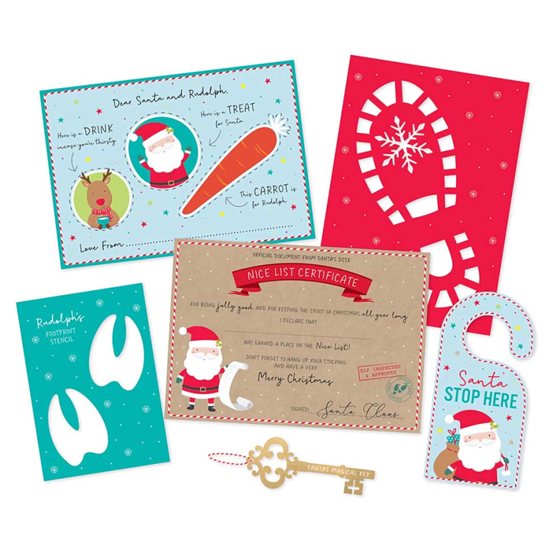 Festive Wonderland Multicolor Christmas Eve Pack - Santa Placemat, Santa Key, Footprint Stencil/Snow Plus More