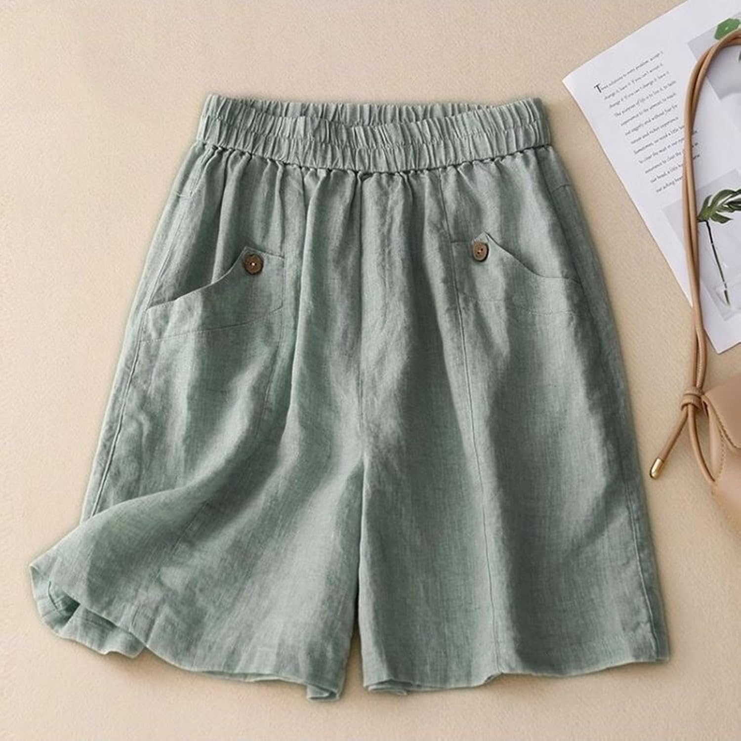 Bermuda Shorts Womens High Waist Cotton Linen Wide Leg Culottes Slacks Summer Loose Fit Over Knee Crop Pants