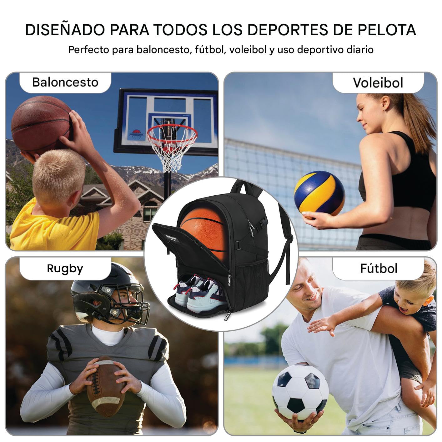 Mochila Baloncesto Impermeable Grande con Compartimento para Balón y Zapatillas