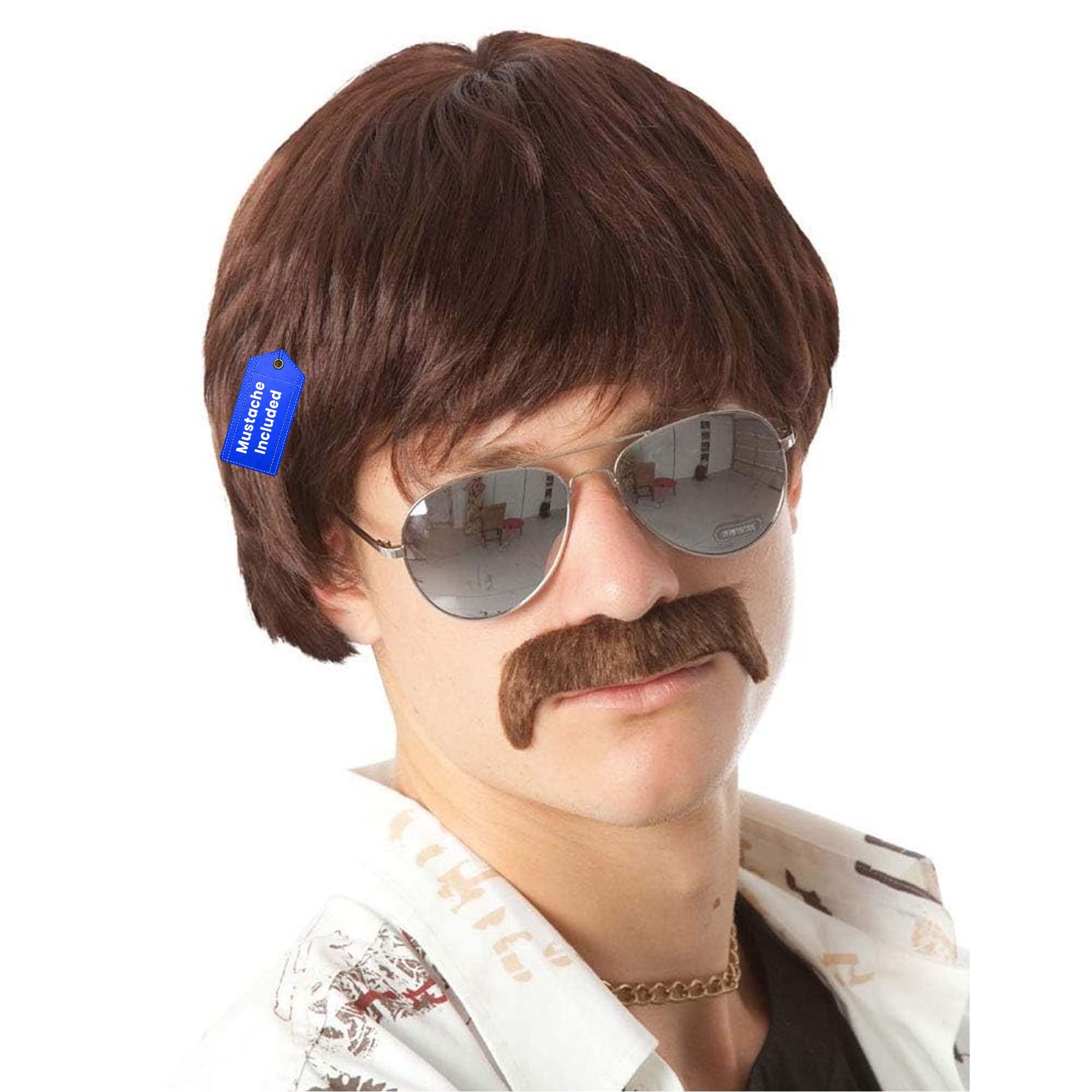 ALLAURA Compatible with Sonny Bono Wig 60s 70s Mens Short Brown Wig Mustache for Hippie Singer TV Star