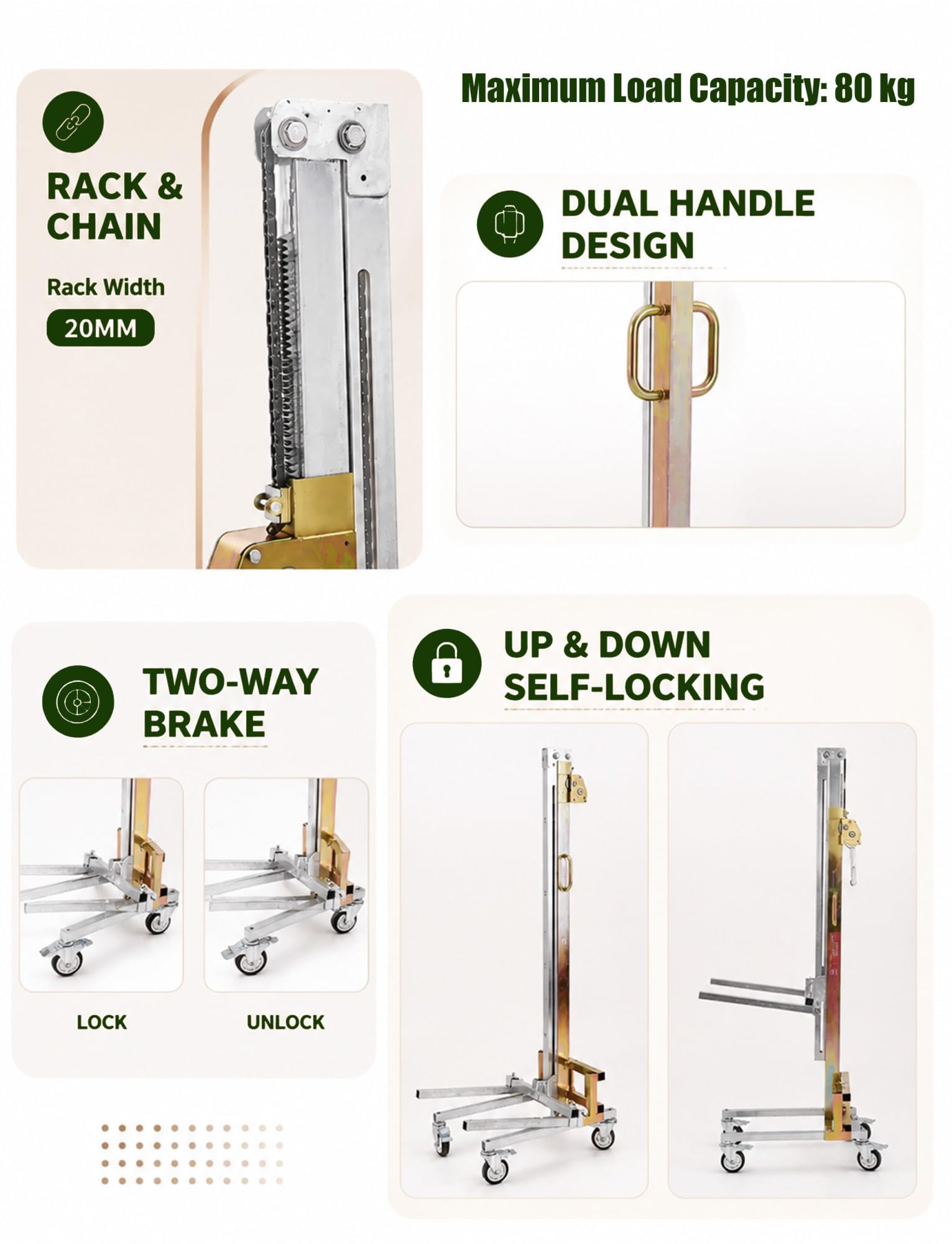 Sollevamento materiale manuale,impilatore portatile con verricello e forche | Sollevatore mobili e armadi, carrello sollevatore manuale da 80 kg per attrezzature(H 70.87 in/180 cm-A Four wheels)
