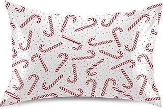 Christmas Satin Pillowcase for Hair and Skin, Red Candy Canes Silk Pillow Case Soft and Cozy Body Pillow Covers Standard Size with Envelope Closure - Buy now