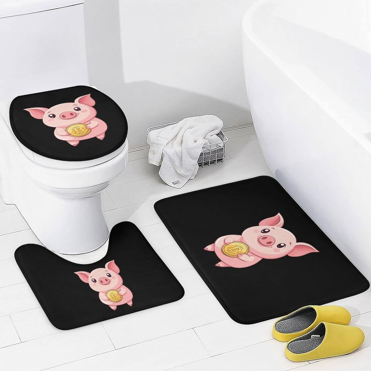 Cute Pig Holding Bitcoin Modern Bathroom Sets with Shower Curtain and Rugs Decor 4 Pcs with 12 Hooks