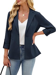 Full Lining Blazers for Women Linen Cotton Open Front Rolled Sleeve Work Office Suit Jackets Blazer with Pockets
