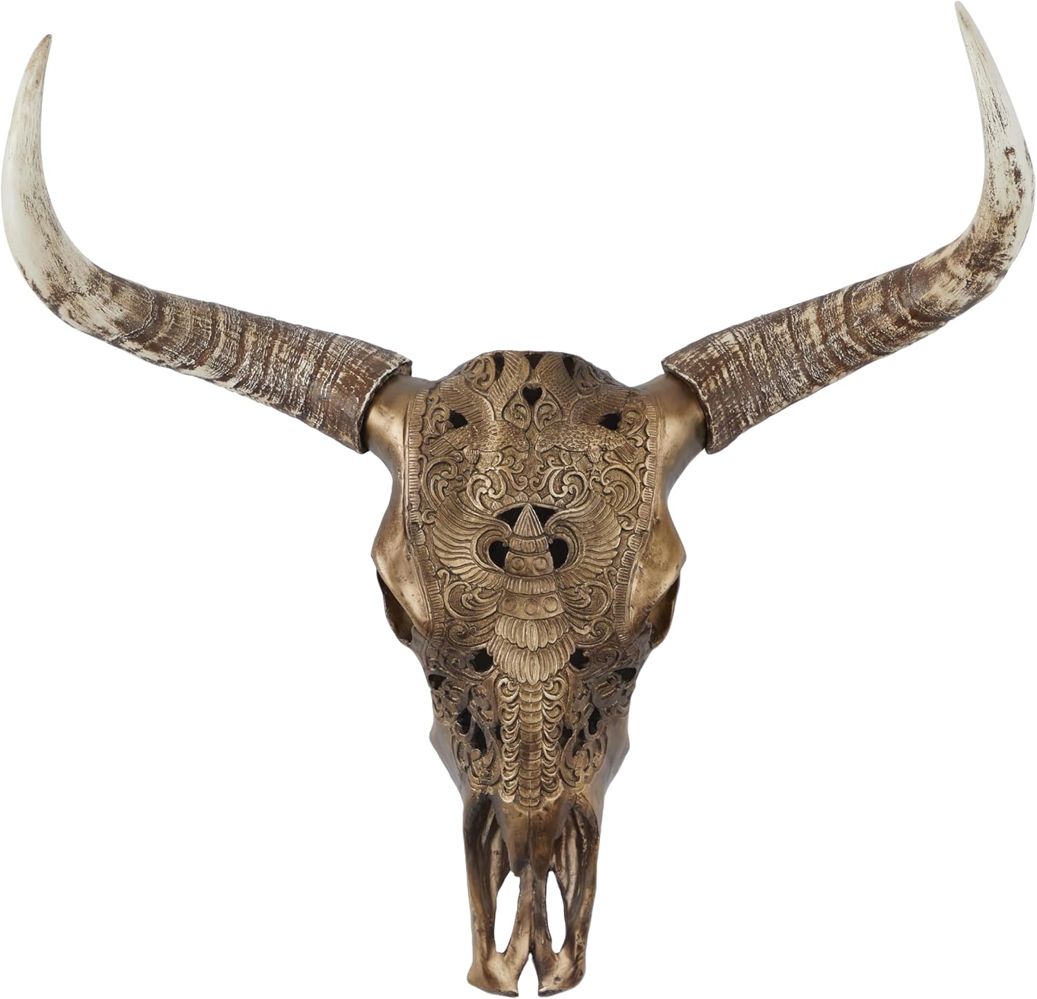 Deco 79 Polystone Cow Home Wall Decor Carved Skull Wall Sculpture, Wall Art 28" x 7" x 30", Bronze