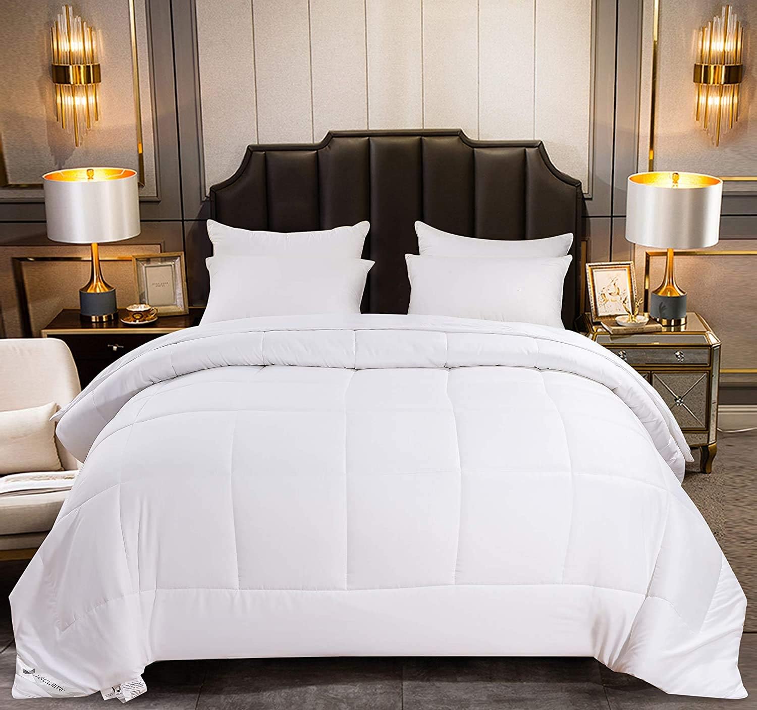 JÁCLER Queen All-Season 1800 Thread Count, White Down Alternative Quilted Comforter - 4 Corner Duvet Tabs or Stand-Alone Comforter Queen (88" x 88")