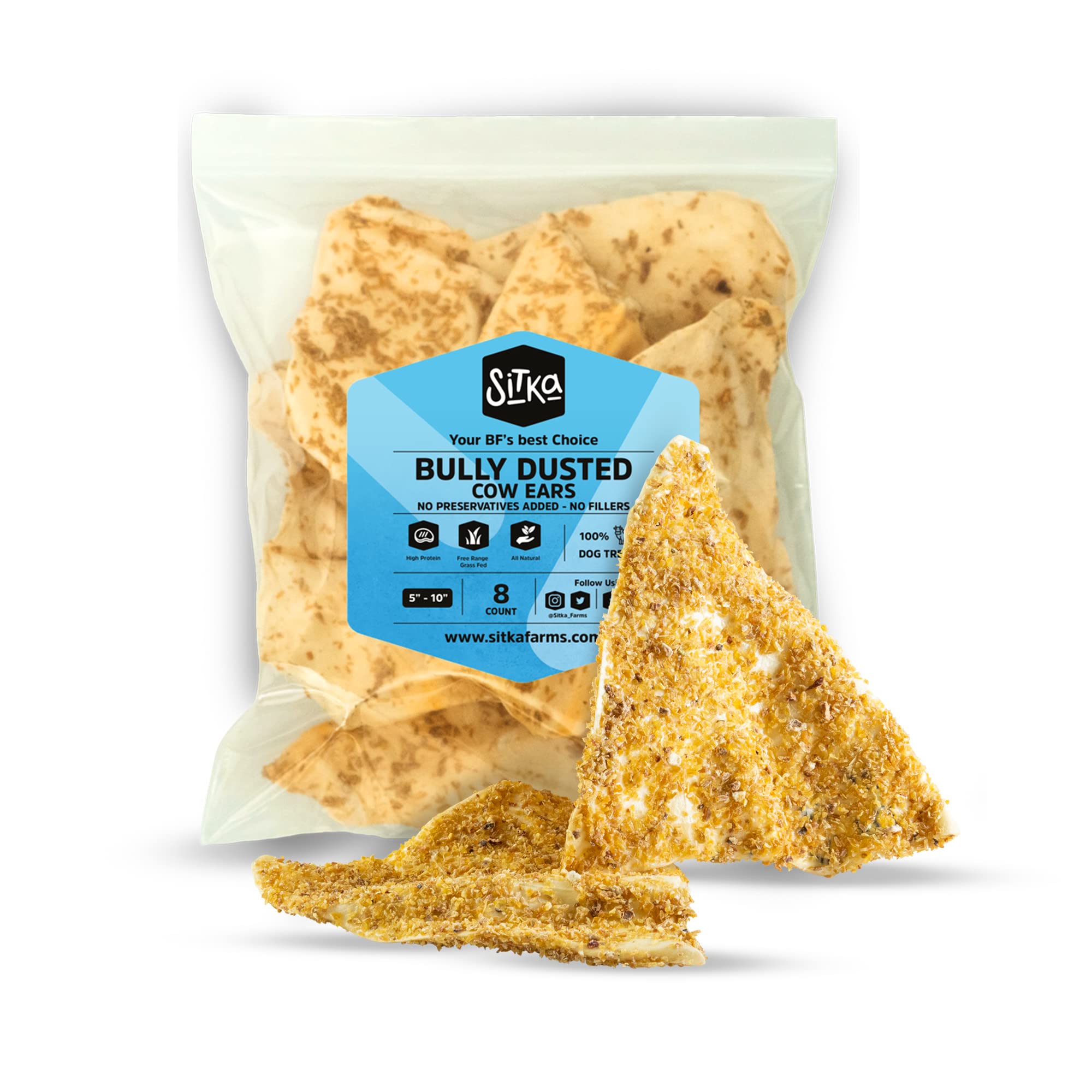 Sitka Farms Bully Dusted Cow Ears for Dogs 8 Count - Premium Rawhide Free Dog Chews - Beef Natural Dog Treats - Doggie Dental Care - Healthy Long