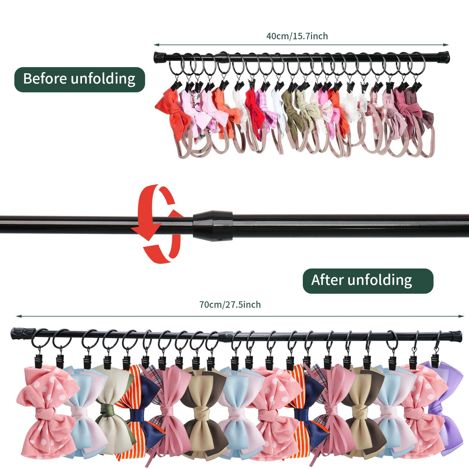 5 Pcs Wall Hanging Bow Holder Girls Hanger Headband Storage Organizer Include 5 Black Adjustable Rods 120 Metal Bow Storage Hanger 15 Wall Hooks for Closet Nursery Decor