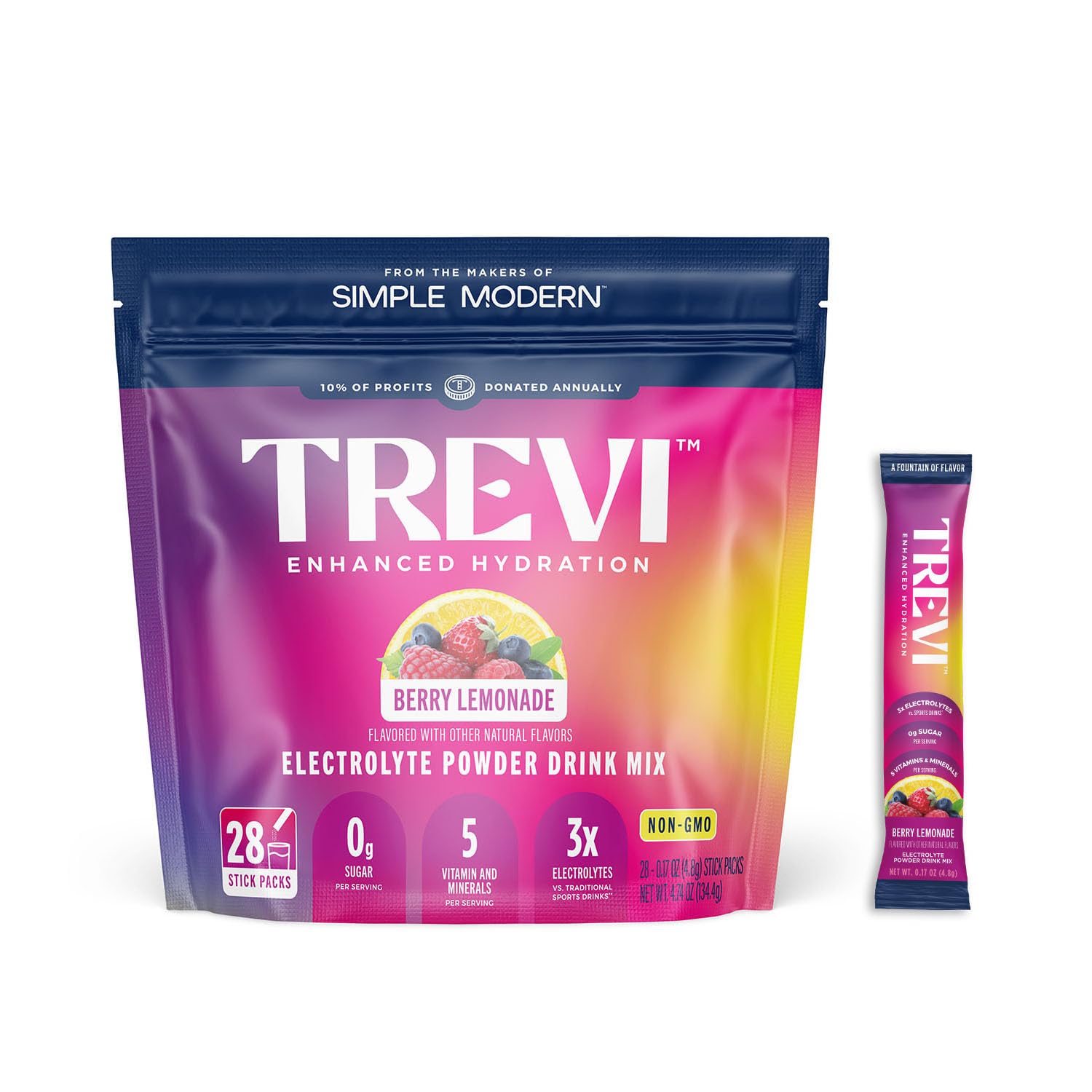 TREVI™ Electrolytes Powder Packets – Sugar Free Hydration Drink Mix Rehydrate Daily Electrolyte Replenisher Hydrates Himalayan Pink Salt Vitamins Trace Minerals No Artificial Dye 28 Ct Berry Lemonade