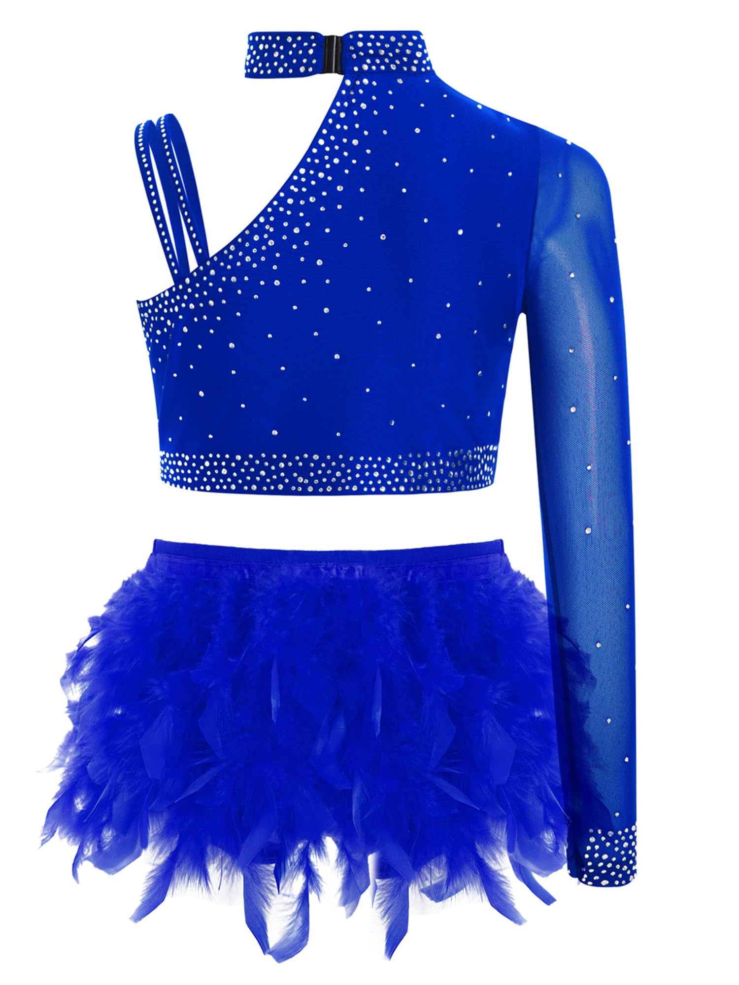 Sxiwei Enfant Fille Robe Danse Moderne Jazz Haut Une Epaule Strass avec Jupe Short Tenue Danse Latine Samba Salsa Costume Patinage Gymnastique