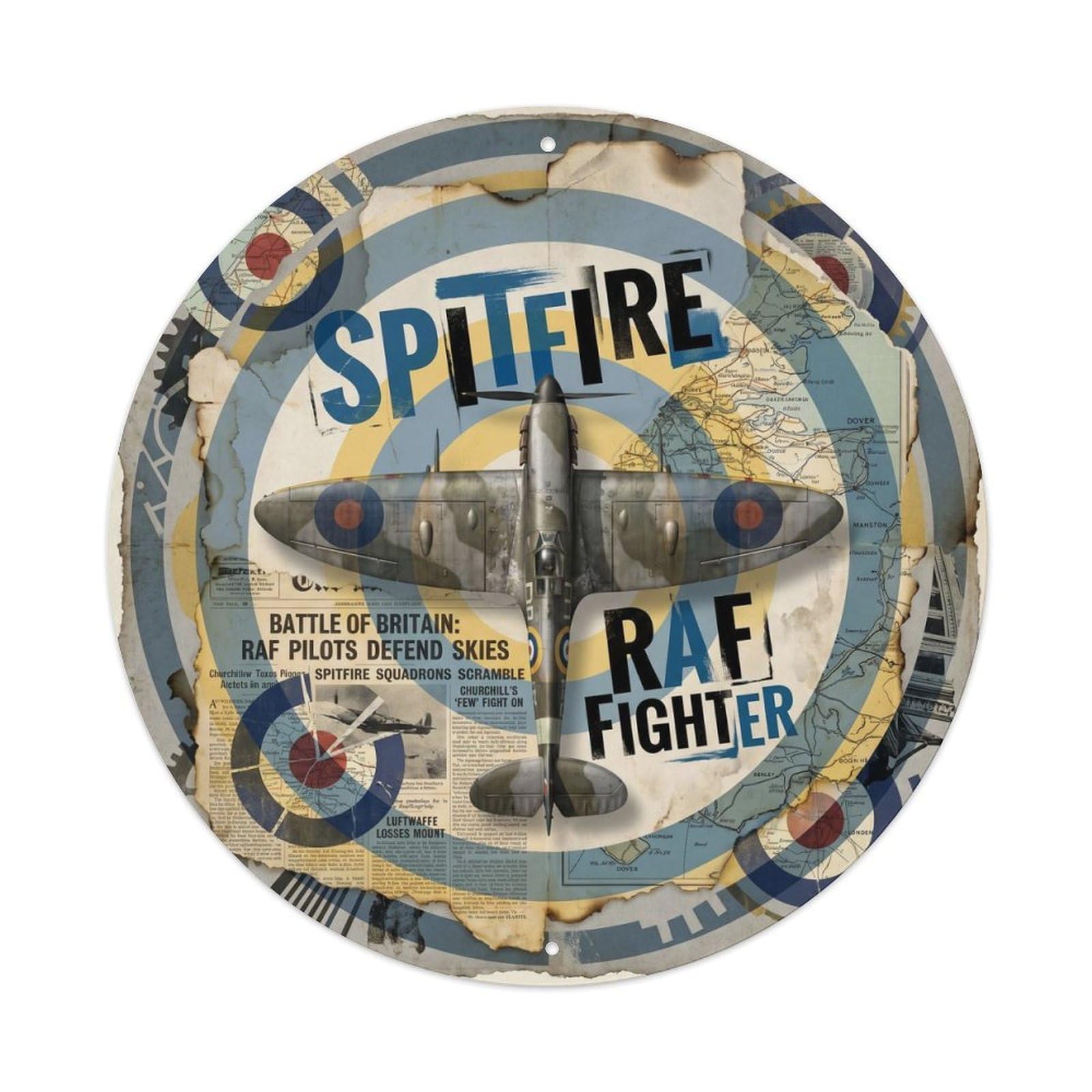 Fighter Aircraft Spitfire British WWII Military Collage Metal Tin Sign Plaque Wall Decor for Cafe, Man Cave, Club Bar, Office, Home Garden Round Metal Poster 8x8Inch