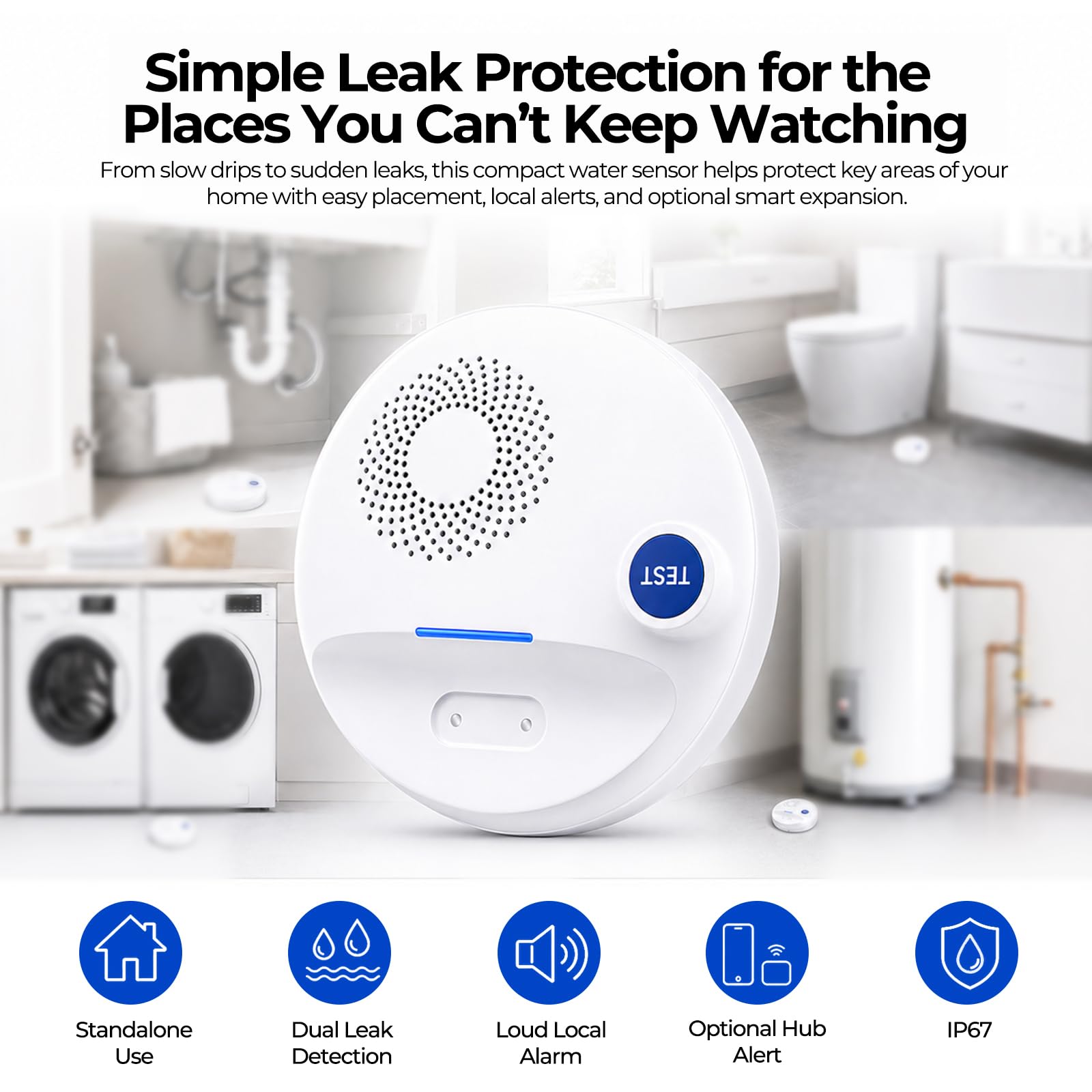 Detector de Fugas de Agua inalámbrico con Doble sonda – Alarma 100 dB, IP67 Resistente al Agua, Funciona autónomo o con Smart Hub, para sótano, Cocina, lavandería & baño