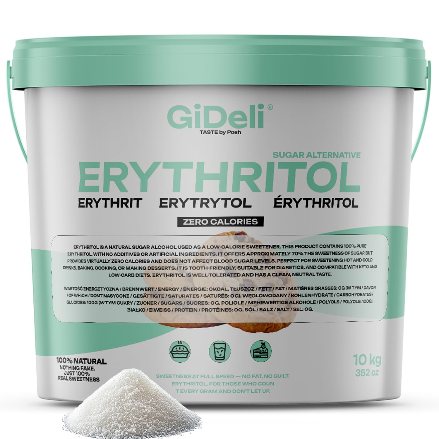 GiDeli Erytryt 10 kg w wiaderku, zamiennik cukru, wegański, przyjazny dla zębów
