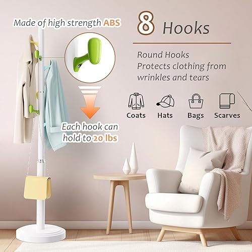 Vista 4 de Perchero independiente, 2 percheros de altura ajustable con 8 ganchos de ABS, árbol de abrigo para niños con base redonda resistente, soporte Blanco