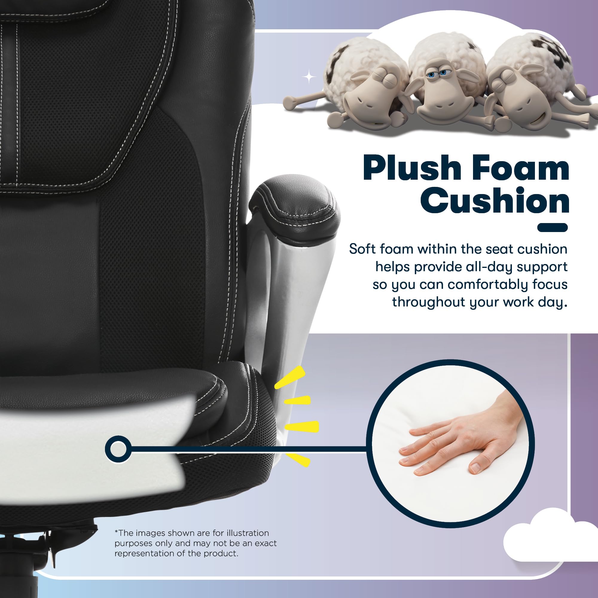 Serta Amplify Executive Office Padded Arms, Adjustable Ergonomic Gaming Desk Chair with Lumbar Support, Faux Leather and Mesh, Black