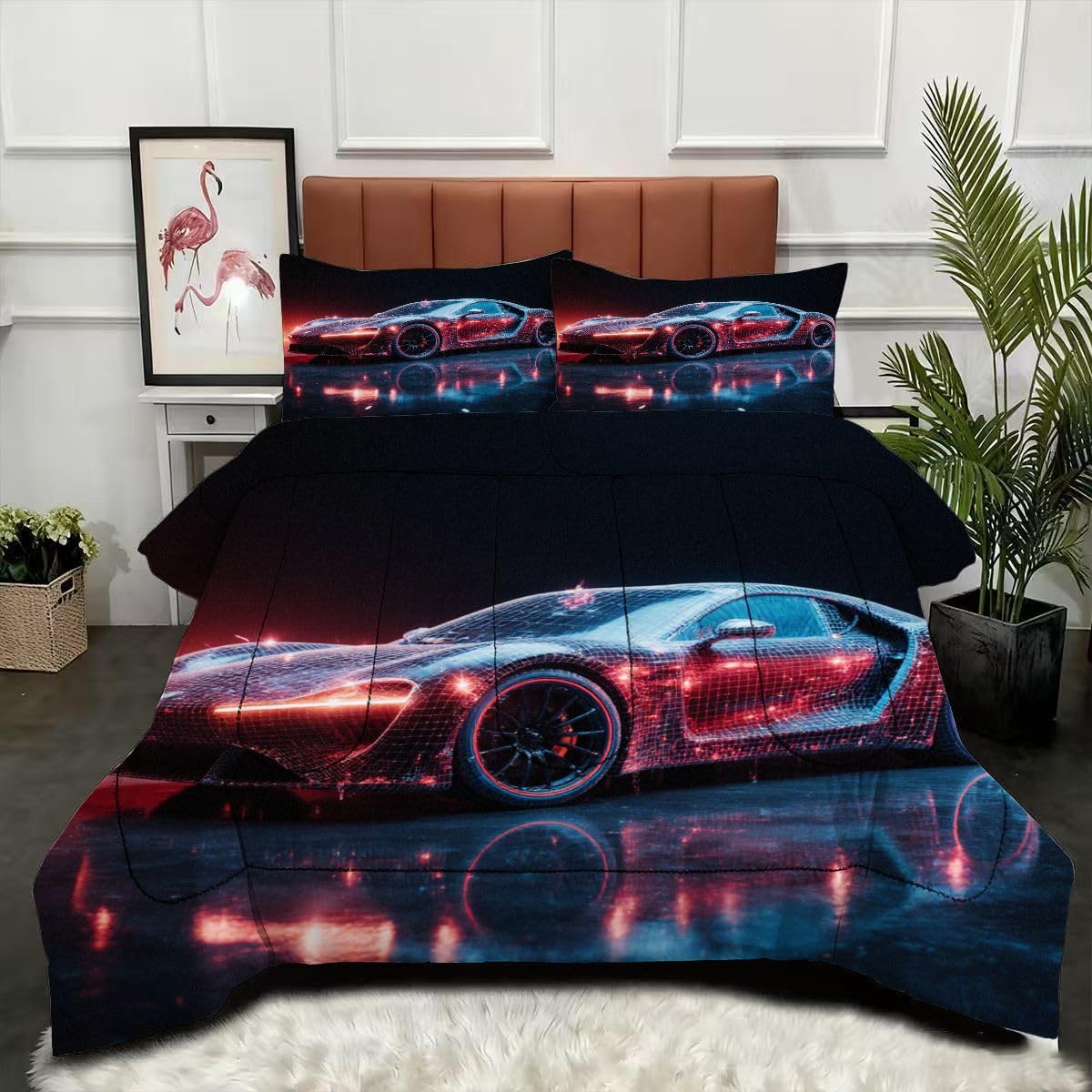 Couette confortable 160x200 contre la chaleur nocturne, motif voiture de sport 3D