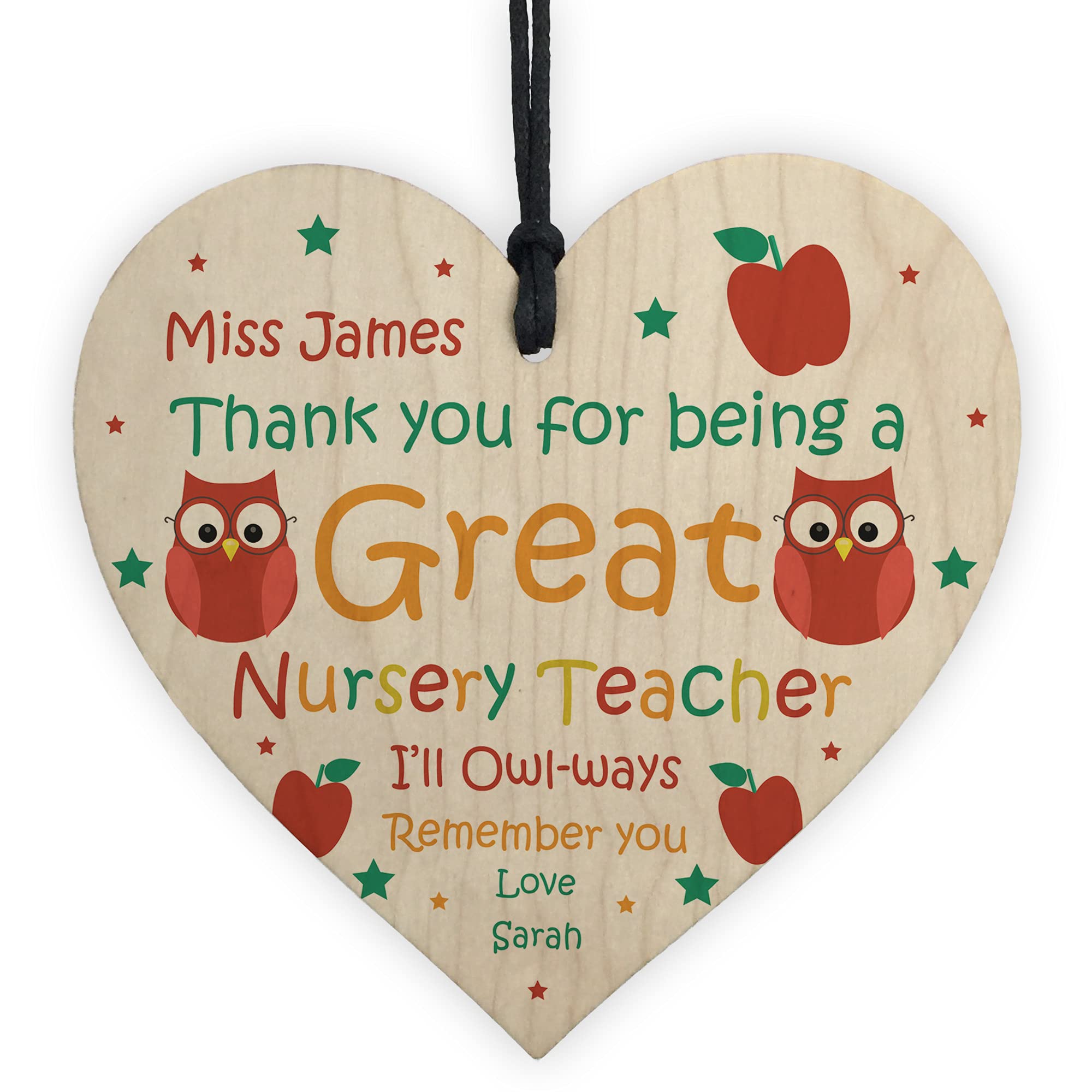 Red Ocean Thank You Nursery Teacher Gift Heart Hanging Sign Personalised Leaving Gift Owl