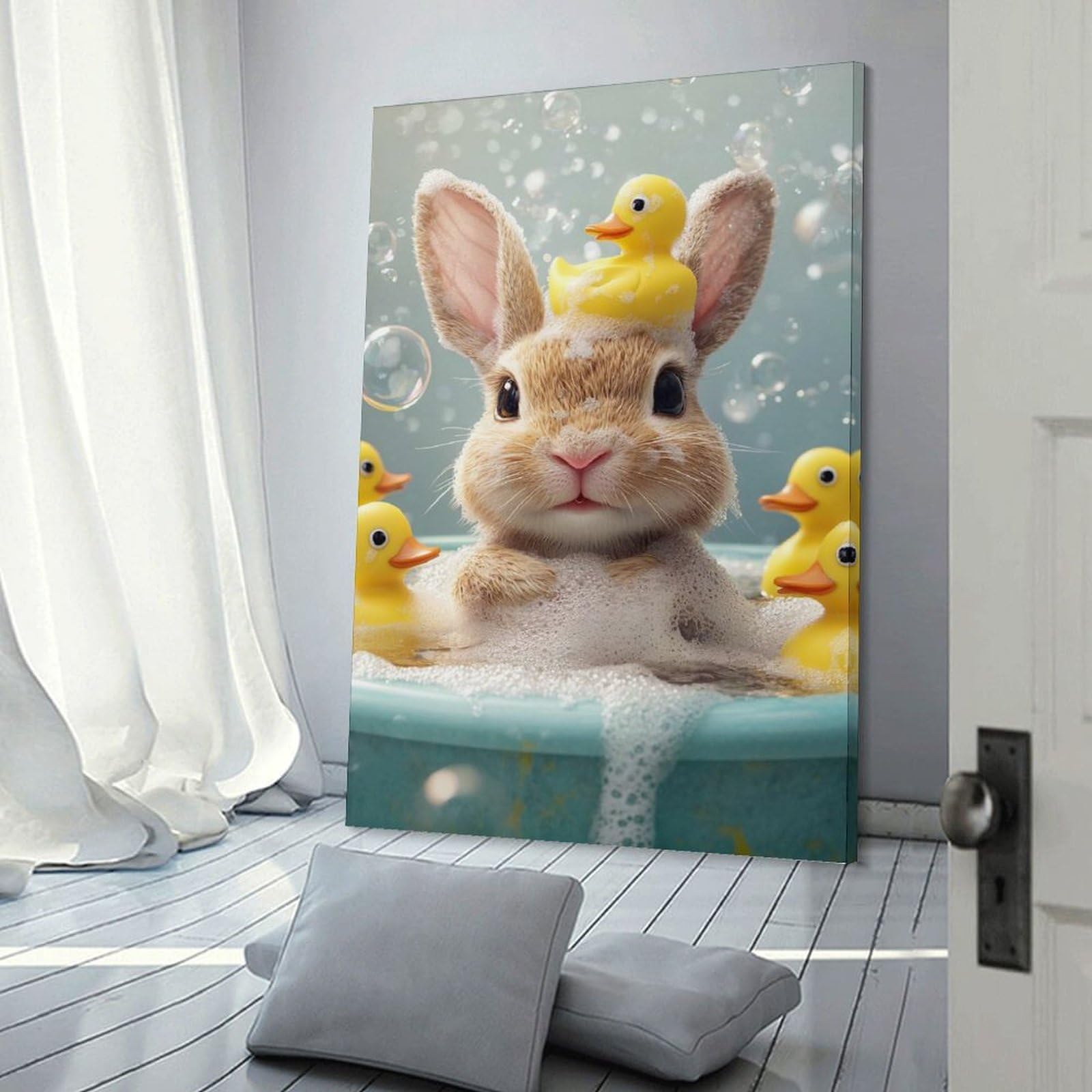 Junmoney Bunny with Rubber Ducks in Bath Wall Art Print, 20x30inch(50x75cm), for Wall Displays, Bedrooms Or Room Updates, A Versatile Canvas Print for Layering