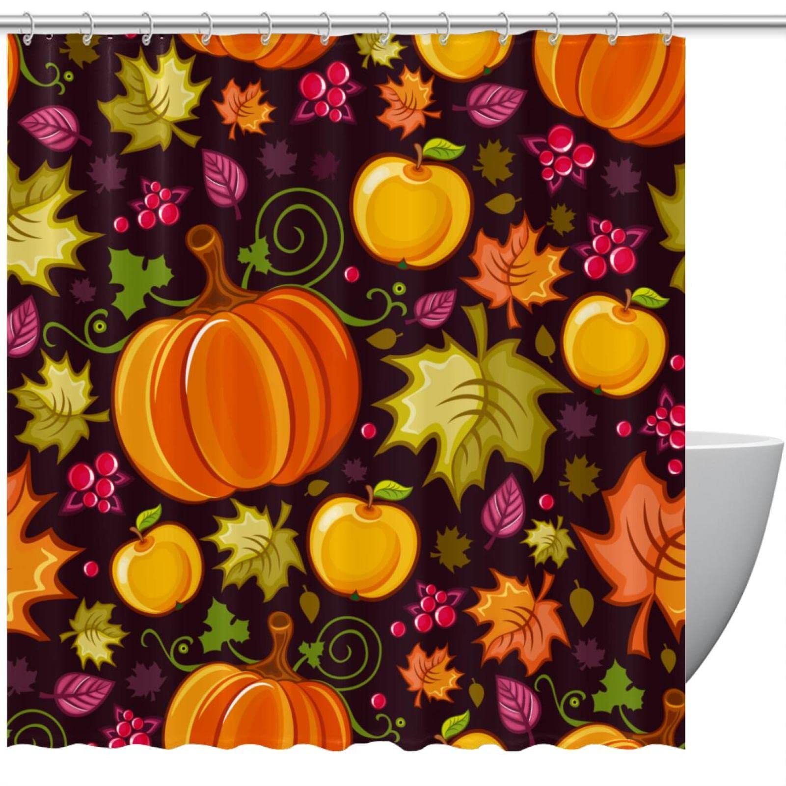Rideau de douche citrouille Halloween automne en tissu 183x183 cm avec crochets