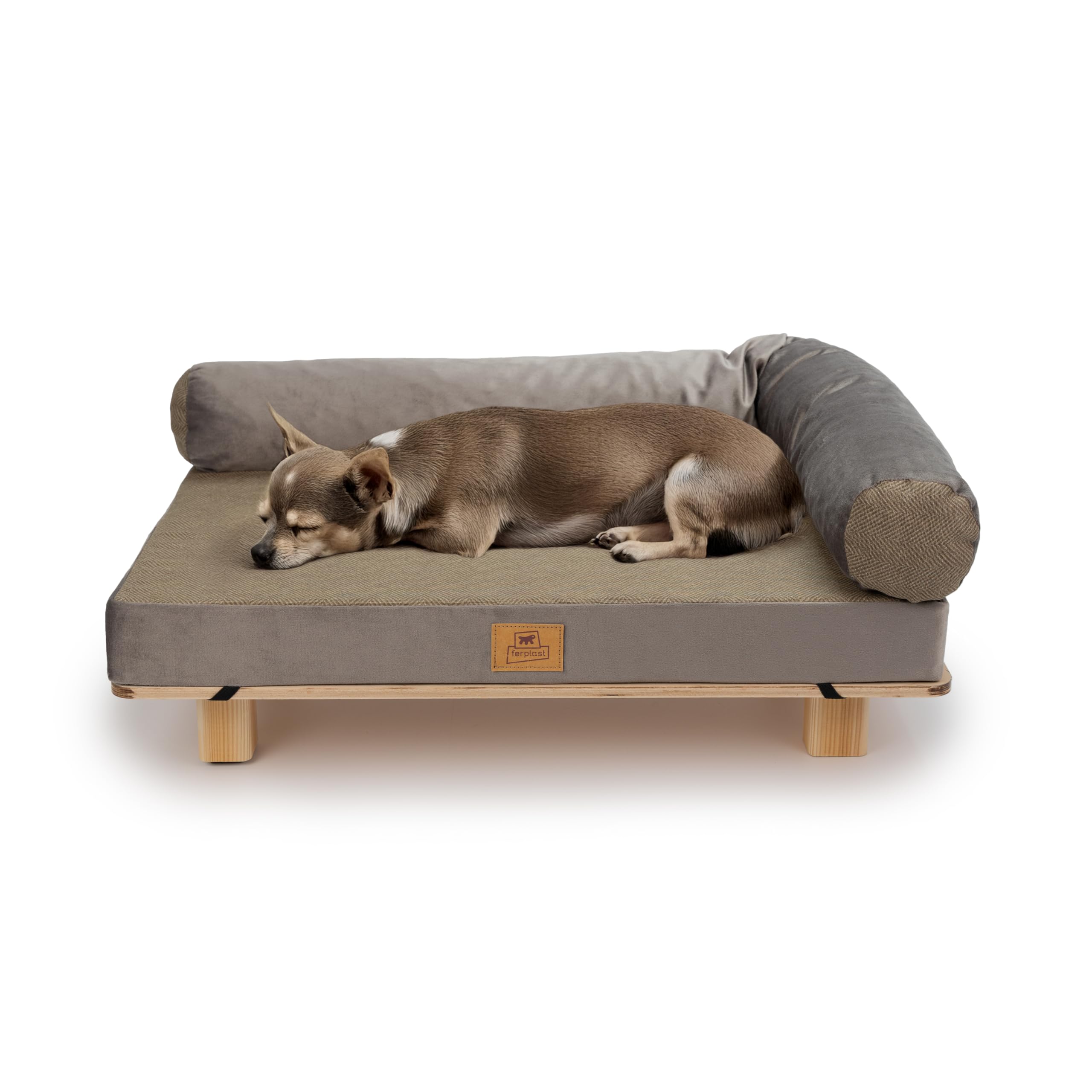 Ferplast FSC® Certified Wooden Cat and Dog Bed with Soft Cushion, Style, Comfort and Durability, 76 x 46 xh 24 cm.